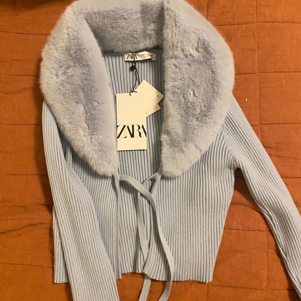 Zara fur blue cardigan